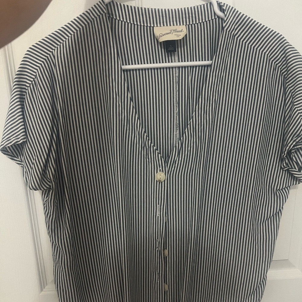 Button up striped top. Blue and white. Crop top, tie at button under buttons